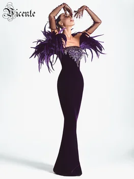 VC луксозни вечерни дълги рокли жени, елегантни квадратен силует перо Crystal дизайн лилаво кадифе рокля с ръкавици
