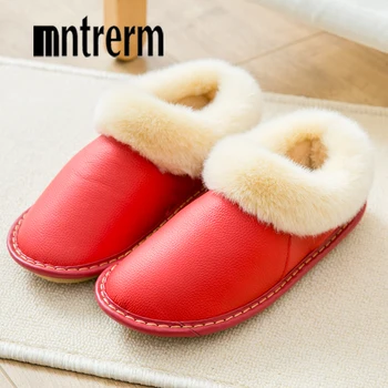 Mntrerm/2021 зимни плюшени топли домашни кожени чехли, нескользящая дебела топла домашна обувки, памучни дамски чехли, домашни обувки за двойки