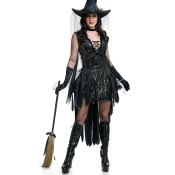 Женски костюм вещица с черни пайети на Хелоуин за възрастни жени, ден на книгата, елегантна рокля зъл волшебницы