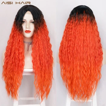 AISI HAIR Синтетичен Дълга Къдрава Перука за Жените в Средната Част на Червено/Черно/Кафяв/Смесен Цвят на Косата Высокотемпературное Влакна