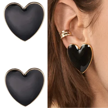 Големи емайлирани обеци-карамфил под формата на сърце за жени, черни маслени улични модни бижута, ефектни обеци-капки под формата на любов, подаръци за приятелки