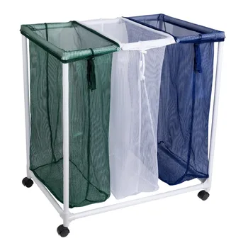 Луксозни кошници за сортиране на прането на колела с три офиса на колела -могат да се настанят 9 товари - бяло, синьо, зелено