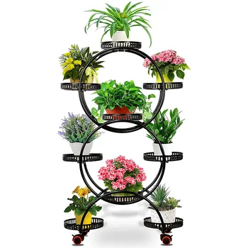6-ярусная поставка за цветя от черен метал с колесната опора, поставка за сеялка за двора, градината, хол, ъглов тераси.