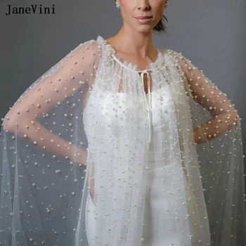 JaneVini Луксозен перли са на Дълги сватбени шалове Тайна Тюлевый вечер наметало с дължина до пода Сватбена наметало Елегантна сватбена рокля, сако