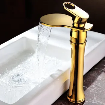Европейската висока лукс от плътен месинг със златно покритие, мивка за баня, водопадный кран, златна купа, смесител за топла и студена вода, кранче