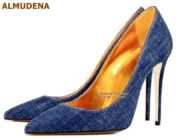 ALMUDENA/ Сини Дънкови Модела обувки без закопчалка на висок ток 12 см, 10 см, 8 см, Дънкови обувки с остър пръсти на плитки обувки, Ежедневни Красиви обувки-лодки, Размер 45