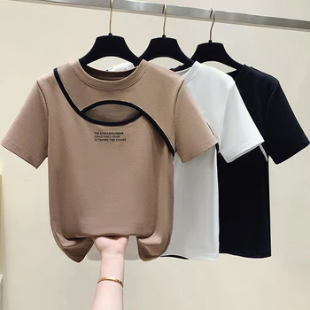 Корейската модни дамски дрехи 2023, лятна памучен тениска с изрезки, женски тънки тениски с писмото принтом, блузи с къс ръкав, женски