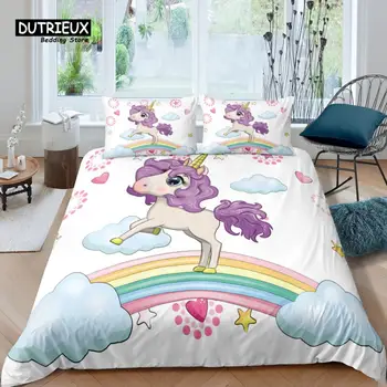 Начало Хол Луксозен 3D Rainbow Unicorn Комплект Спално бельо Звезда Чаршаф Калъфка Кралица и Крал на ЕС/САЩ/AU/UK Размер Стеганое Одеяло Спално Бельо