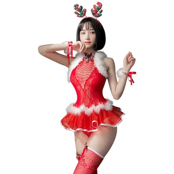Аниме Коледен костюм за cosplay, отворено червено ажурное боди, лейси окото балетната поличка, дрехи за сладка Лолита, японски гащеризон