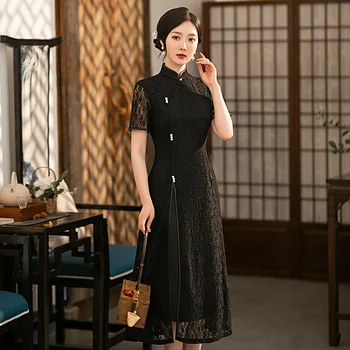 Yourqipao Лятното черно дантелено ципао с изрезки, по-добри вечерна рокля Ao Dai Qipao в китайския традиционен стил за дамски партита