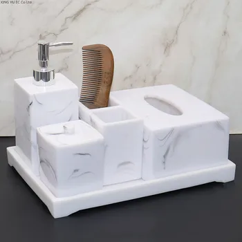 Модерни аксесоари за баня с имитация на мраморно модела, бутилка за лосион, чаша вода за уста, държач за четка за зъби, кутия за салфетки, аксесоари за баня