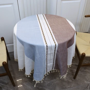 Кръгла покривка в скандинавски стил, памучен бельо покривка, покритие за кухненски плот с ивици цветна мек плат, покриване на маса, моющееся пылезащитное