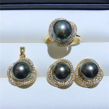 Красива висулка, обеци и пръстен от черни перли АААА 9-10 мм в Южнокитайско море, 925 s