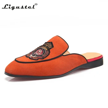Ligustel/мъжки обувки, оригинални лоферы ръчно изработени, мъжки летни обувки за партита, мъжки кожени оранжеви лоферы на равна подметка, обувки с червена подметка с голям размер