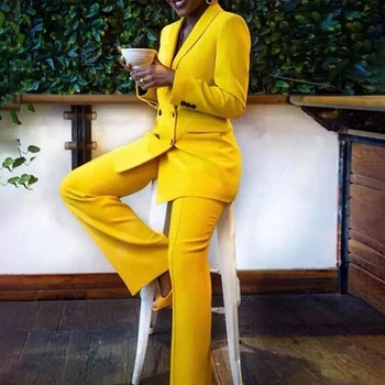 Жълти дамски костюми, комплект от 2 теми, шал, двухбортный офис женски бизнес модерен яке + панталон, официални женски блейзър 2023, новост