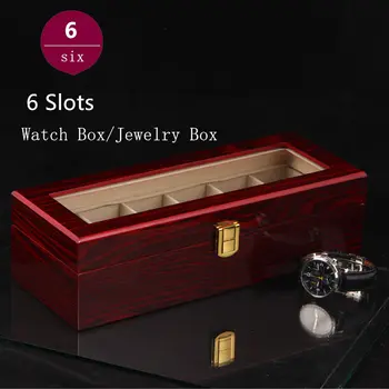 (Специална цена) 6 слота, wooden органайзер за часа, светло червен МДФ, дървени кутии за часовници, бижута дисплей, подарък калъф, титуляр
