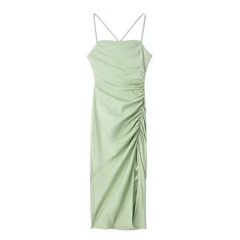 Жена ежедневното зелено фино памучно семе и лененото дълга рокля на бретелях 2023 Лятно дамско однотонное плиссированное рокля, дамски шикозни рокли с цепка отстрани