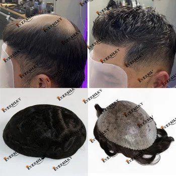Здрава протеза от човешки косъм с инжектиране на поли от кожа за мъже, работа на смени лентата за коса, мъжка перука от кестени коса, плътността на естествена коса 110%