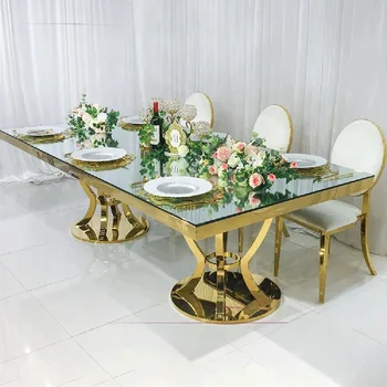 Огледално стъкло луксозно обзавеждане от неръждаема стомана златни маси за сватбени партита хотел метална маса за хранене, определени за дейности сватбени маси