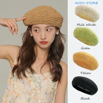 Y2k, летен барета от зелен слама за това сладко момиче, однотонная проста шапка на художник с купол, барети, шапки за жени