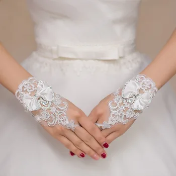 1 чифт бели ръкавици без пръсти, сватбени дамски ръкавици за младоженци, аксесоари за рокли, къси ръкавици с кристали и бял лък