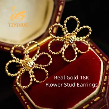 TIYINUO истинско злато 18 Карата, оригинални обеци-карамфил свързани с цвете AU750, изискан подарък, сладък, романтичен подарък за жени, изискани бижута