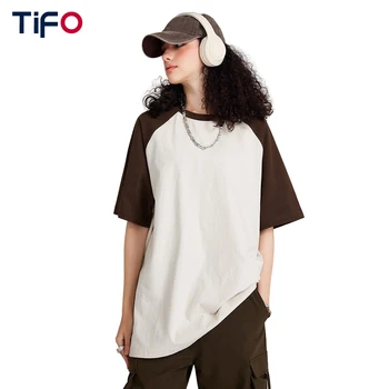 Контрастен raglan с кръгло деколте и къс ръкав, дамски свободна градинска облекло оверсайз, неутрална ежедневни тениска