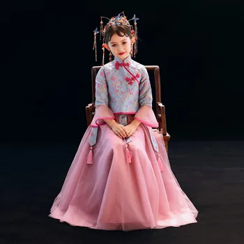 Новост рокля за изказвания в стил Чонсам с изгорени ръкави за момичета, китайското рокля с шал яка подпора, бебешки премяна, детски костюм от две части