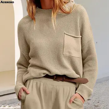 Зимна нов дамски моден случайни вязаный пуловер с кръгло деколте и дълги ръкави и джобове, пуловер