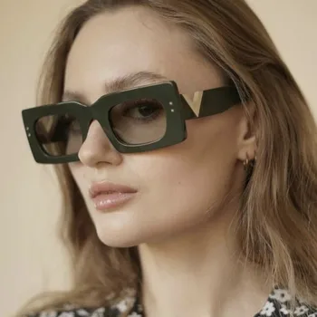 - Популярните дамски слънчеви очила 2022 Луксозна марка Реколта квадратни слънчеви очила Зелен правоъгълник Очила с големи рамки oculos de sol