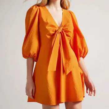 Оригинално оранжевото мини-рокля с пищни ръкави и яка на врата-папийонка, модерен размер на Великобритания 0 1 2 3 4