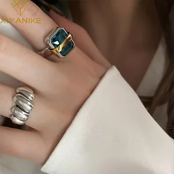XIYANIKE Реколта квадратен пръстен със син цирконий пръст с отворена белезници за жени, новият корейски модни бижута, подарък за момичета, парти пръстен женски