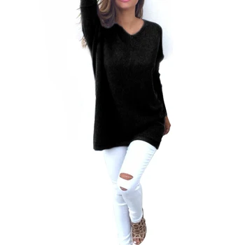 Пуловер с V-образно деколте, пуловери с дълги ръкави, зимни върхове, свободна блуза за жени