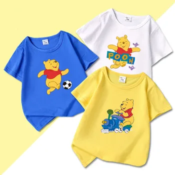 Детска тениска с къс ръкав и изображение на мечка Вини за момчета, детски дрехи, лятна памук топ с анимационни принтом, абсорбиращи потта дишаща тениска
