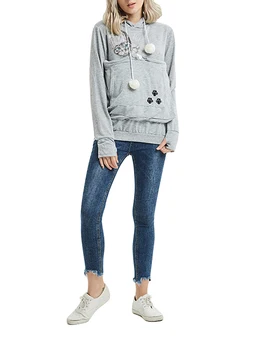 Жена пуловер с качулка с шарени хубаво коте, уютен пуловер с дълъг ръкав, просторен преден джоб и очарователен плюшено топка