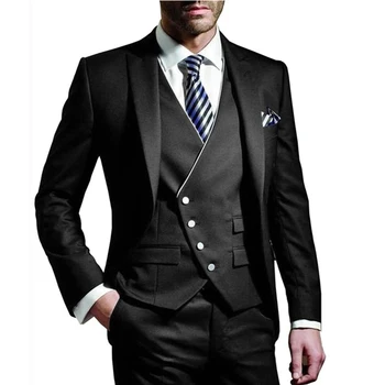 Нов Костюм Homme от три елемента, Мъжки костюм с Нащърбена етикет, Черен Костюм на Младоженеца, Официални Делови Костюм, Смокинг на Поръчка (Блейзър + Жилетка + Панталони)