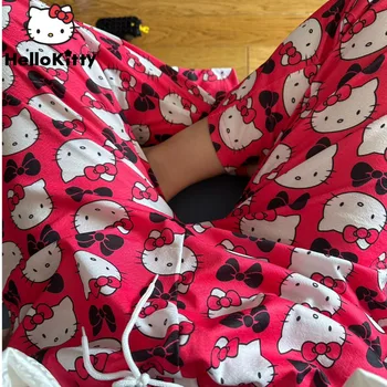 Нова Мода Sanrio Hello Kitty Свободни Панталони С Висока Талия Сладки Ежедневни Тънки Пижамные Панталони, Дамски спортни Панталони Y2K Подарък За Момичета