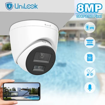Unilook 4K 8MP Откриване на движение 2.0 Фиксирана куполна мрежова камера IR 30m Камера видеонаблюдение за SD-карта H. 265 IP67