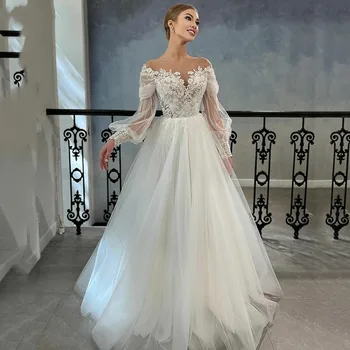 Елегантни сватбени рокли принцеса с дълги буйни ръкав, лейси апликация, илюзия отзад копчета, сватбената рокля Vestido De Новия за поръчка