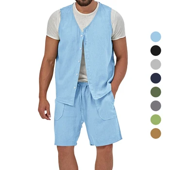 2023 Нов мъжки летен костюм без ръкави, ежедневни дишаща однотонная жилетка без ръкави, плажни шорти, модерен мъжки комплект