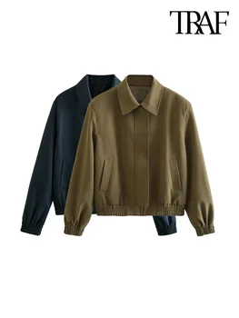 ТРАФИКА, дамско модерно яке-бомбер с отстрочкой отгоре, палта, реколта на горно облекло с дълги ръкави и джобове отпред, шик върховете