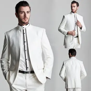 Нов стил, бели смокинги за младоженеца, лацканы в стил мандарин, мъжки сватба облекло за младоженеца-костюм по поръчка (яке + панталон)