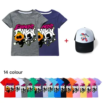 Нов летен детски топ с анимационни герои, памучни тениски с къс ръкав, петък вечер, модни дрехи за момичета, тениска за момчета, риза + шапка