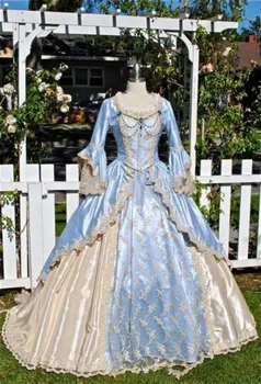 Винтажное Викторианска сватбена рокля Средновековна Готическа сватбена рокля цвят шампанско Светло-небесносин с дълги изгорени ръкав и апликации сватбена рокля